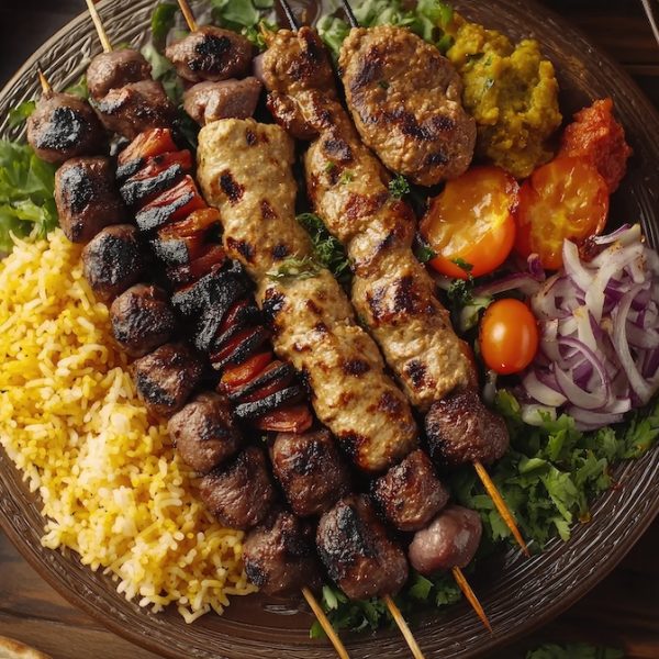 Aerial view of a sumptuous kebab feast featuring various types of kebabs and fresh sides, all elegantly presented on a round plate with a soft-focus background.